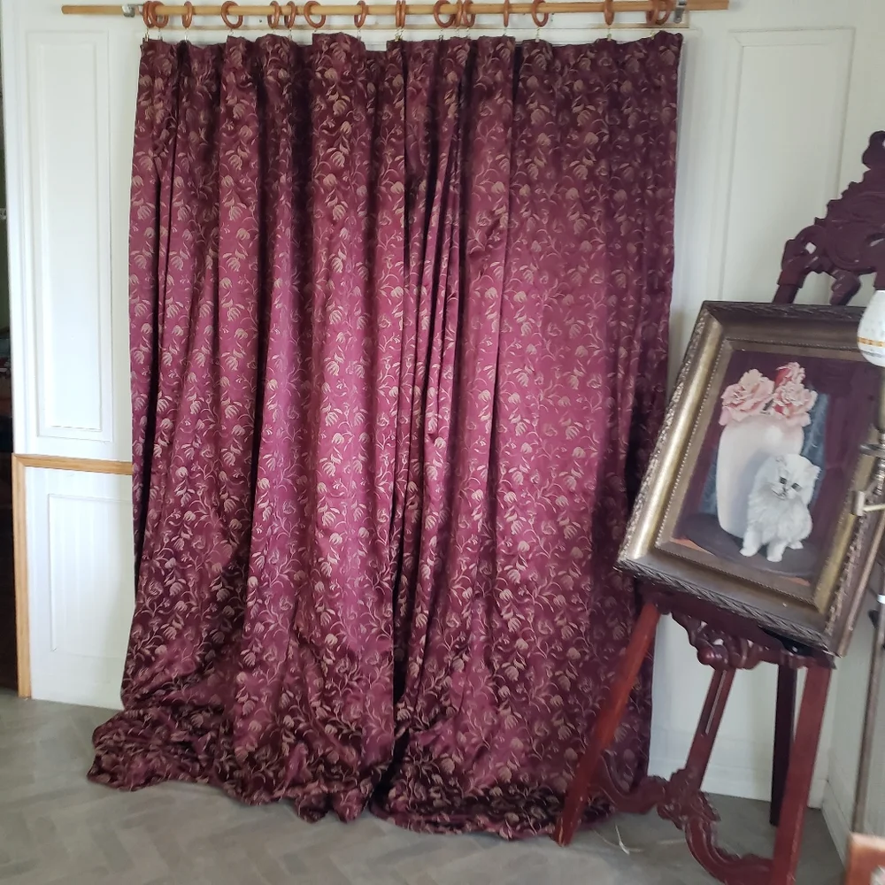 Custom Drapes 150 x 98 2 Panel Maroon Gold Floral Jacquard Room Darken Rod Pkt